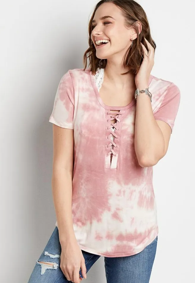 247 Pink Tie Dye Lace Up Retro Tee Women Maurices Tops