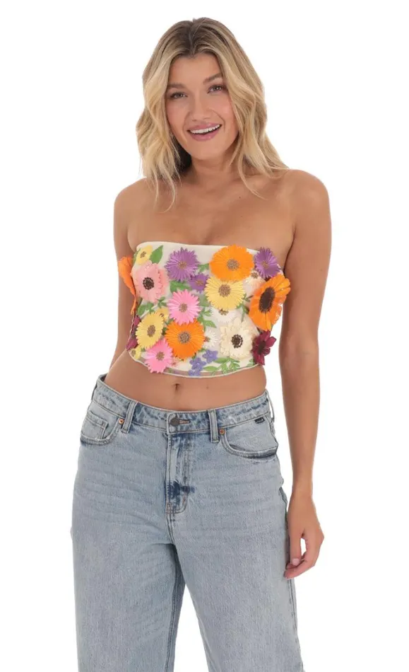 3D Flower Strapless Top Cream Women LUCY IN THE SKY Tops