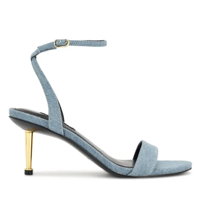 Anny Ankle Strap Heeled Sandals Blue Denim Fabric Women Nine West Sandals