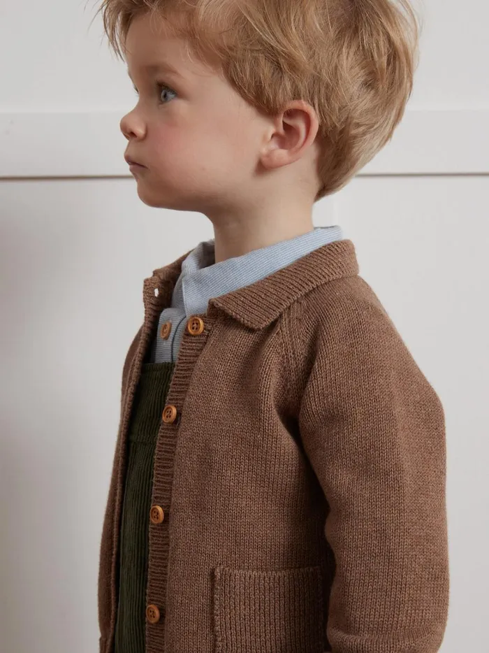 Baby Baby Boy Cyrillus Cardigan With Polo Shirt Collar Noisette Chine