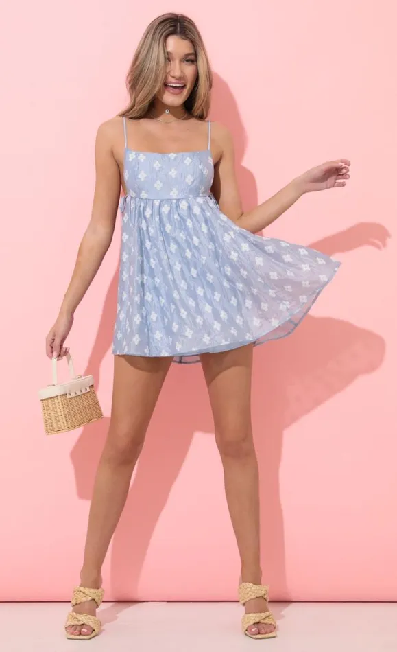 Baby Doll Dress Floral Blue Women LUCY IN THE SKY Mini Dresses