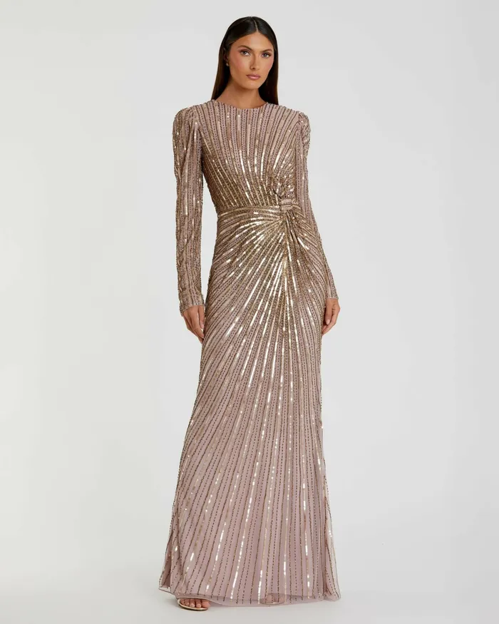 Best Sellers Mac Duggal Women Light Brown Embellished Puff Sleeve Side Knot Gown Mocha