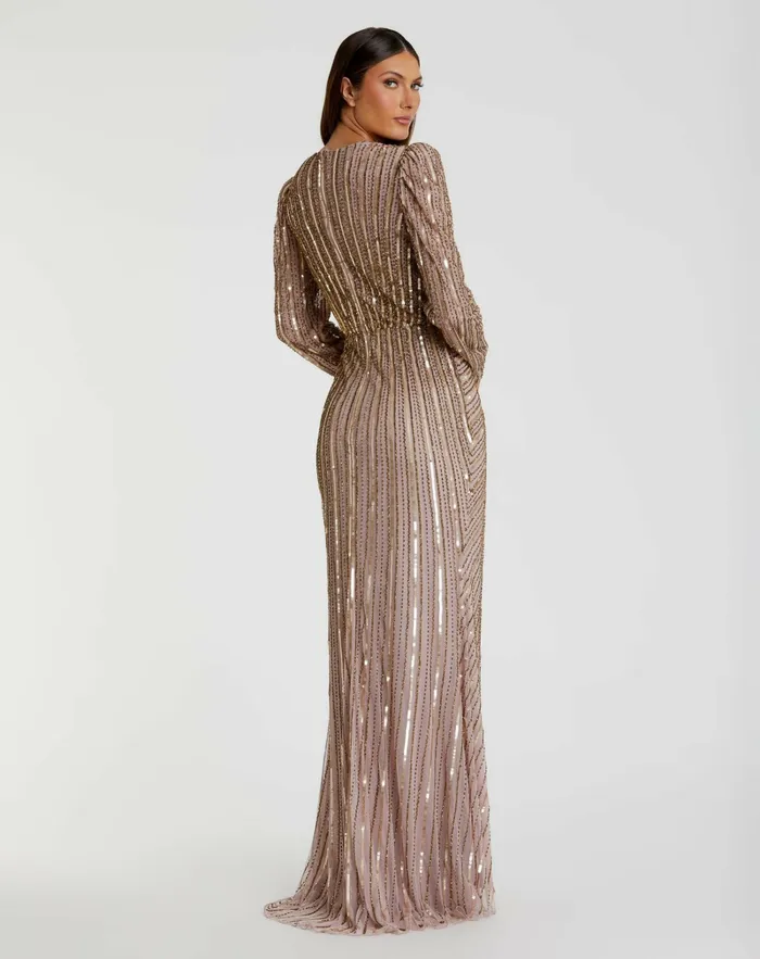 Best Sellers Mac Duggal Women Light Brown Embellished Puff Sleeve Side Knot Gown Mocha