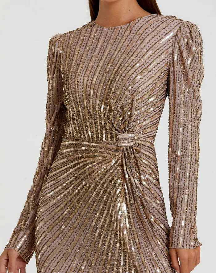 Best Sellers Mac Duggal Women Light Brown Embellished Puff Sleeve Side Knot Gown Mocha