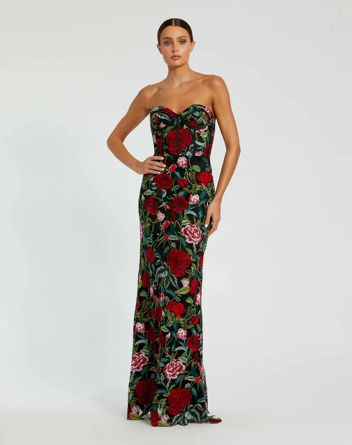 Best Sellers Mac Duggal Women Sheer Bustier Top Floral Applique Gown Black Multi