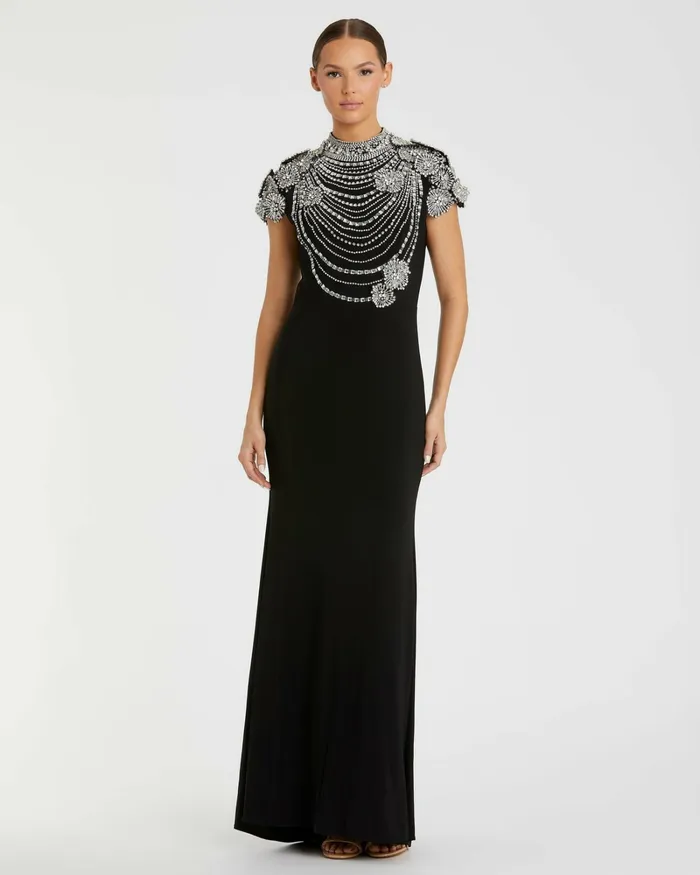 Best Sellers Women Mac Duggal Black High Neck Embellished Column Gown Black