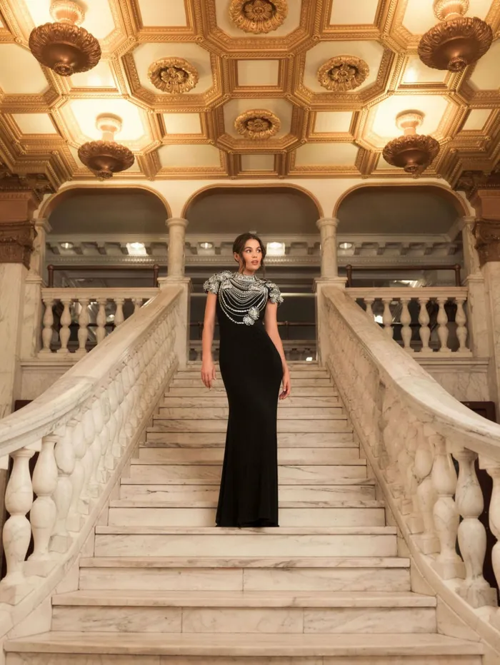 Best Sellers Women Mac Duggal Black High Neck Embellished Column Gown Black