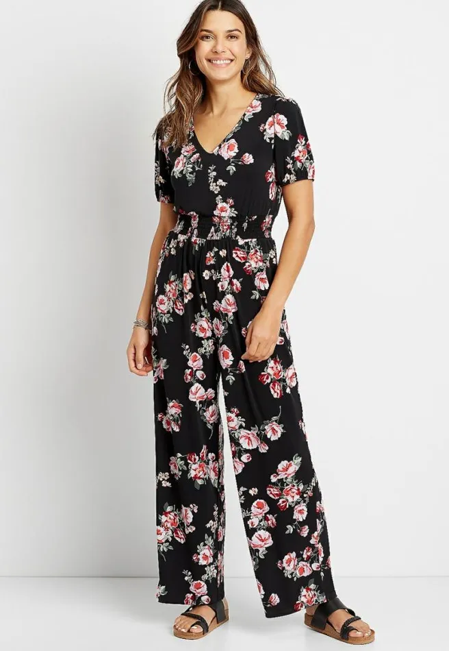 Black Floral Smocked Waist V Neck Jumpsuit Women Maurices Dresses and Jumpsuits