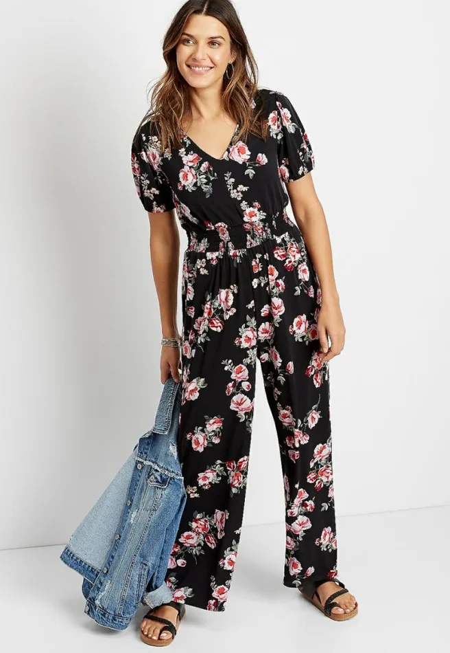 Black Floral Smocked Waist V Neck Jumpsuit Women Maurices Dresses and Jumpsuits
