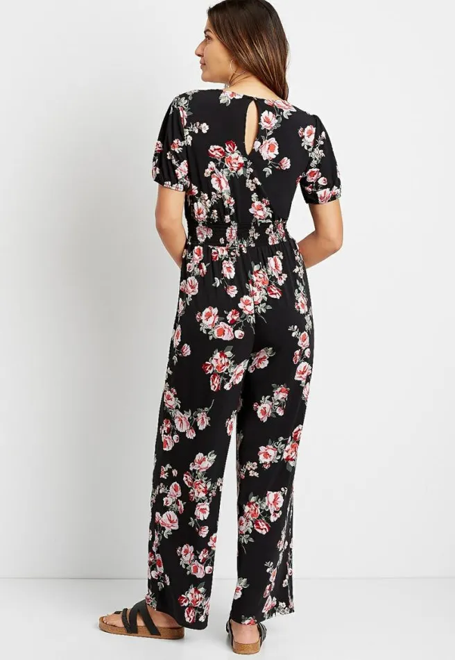 Black Floral Smocked Waist V Neck Jumpsuit Women Maurices Dresses and Jumpsuits