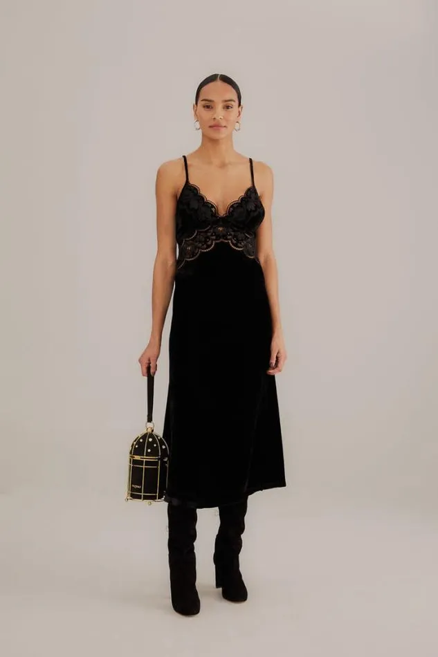 Black Richelieu Velvet Slip Dress Women FARM Rio Midi Dresses