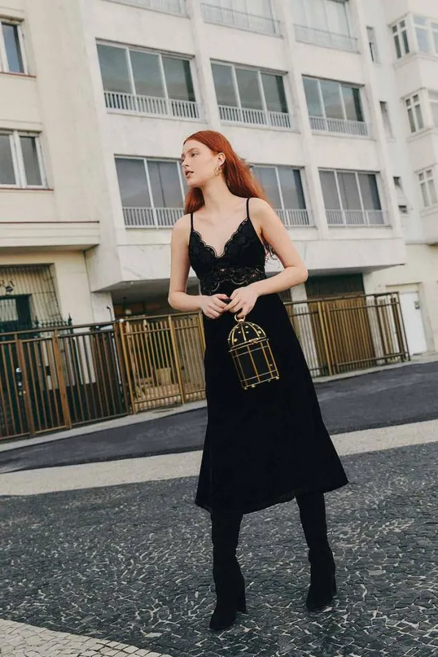 Black Richelieu Velvet Slip Dress Women FARM Rio Midi Dresses