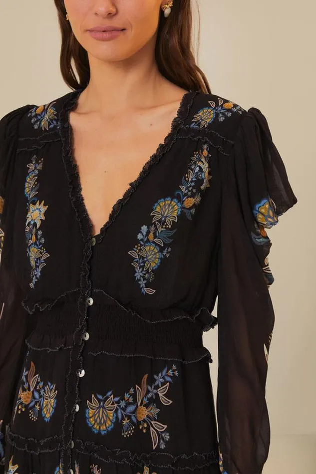 Black Stitched Garden Short Sleeve Midi Dress Women FARM Rio Midi Dresses