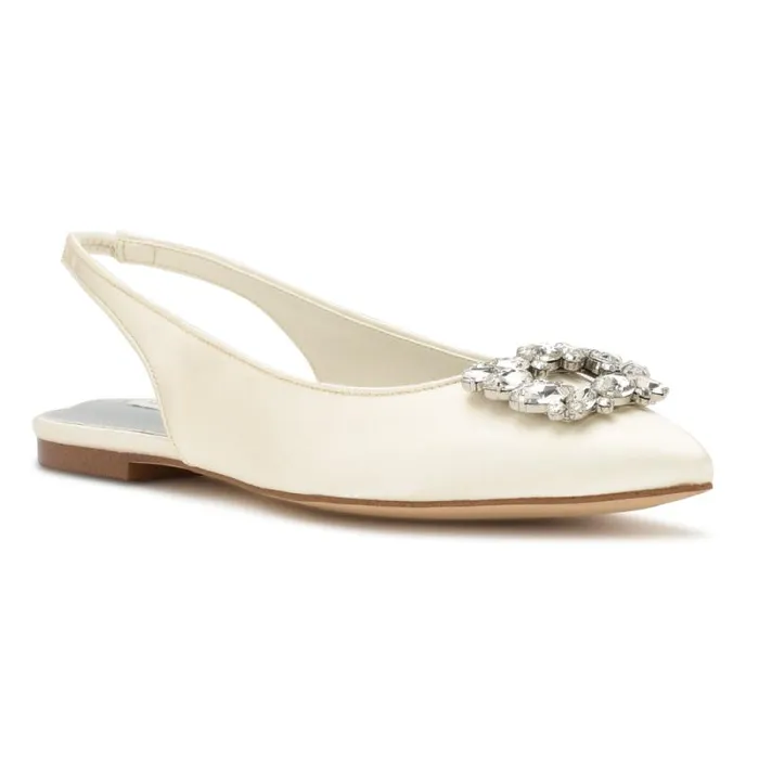 Blingy Slingback Flats Ivory Crystal Satin Women Nine West Flats Blingy Slingback Flats Ivory Crystal Satin Women Nine West Flats
