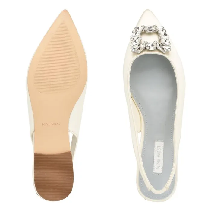 Blingy Slingback Flats Ivory Crystal Satin Women Nine West Flats Blingy Slingback Flats Ivory Crystal Satin Women Nine West Flats
