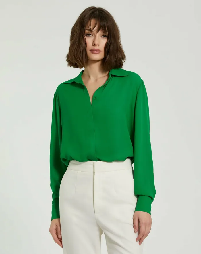 Blouses and Tops The Bentley Long Sleeve Button Up Georgette Blouse 8211 FINAL SALE Spring Green 8211 Mac Duggal Women