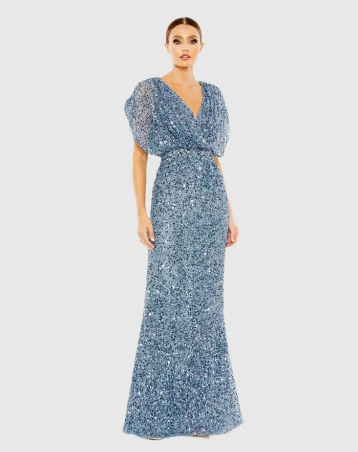 Blue Draped Sleeve V Neck Gown Slate Blue Women Evening Gowns Mac Duggal