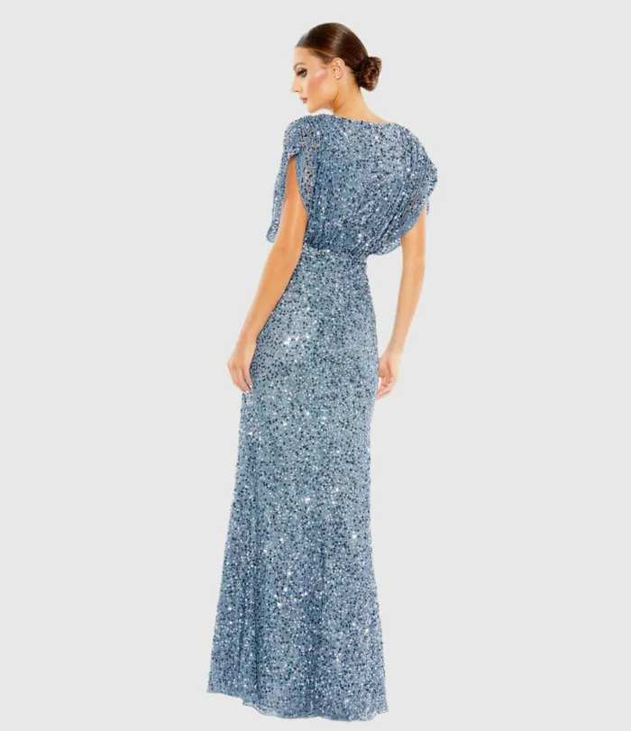 Blue Draped Sleeve V Neck Gown Slate Blue Women Evening Gowns Mac Duggal