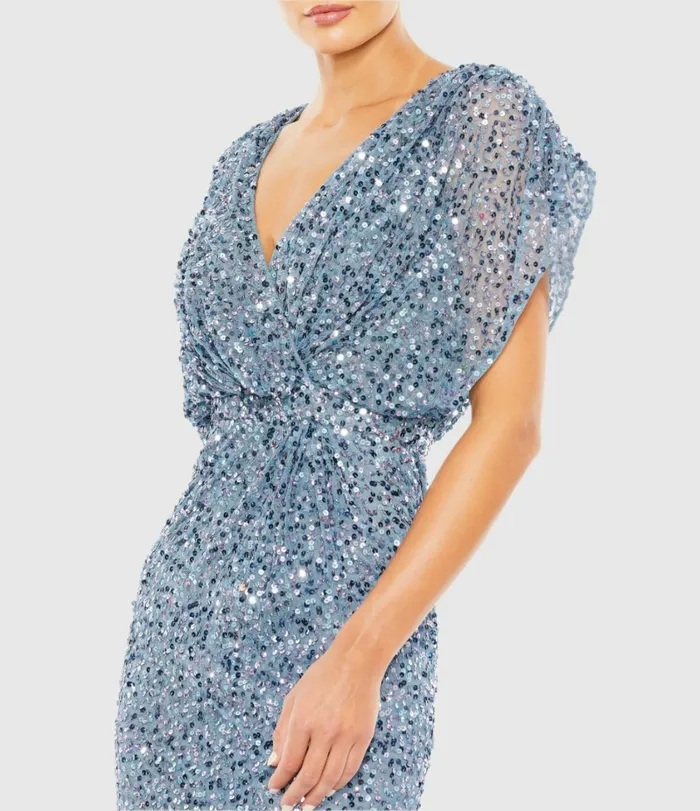 Blue Draped Sleeve V Neck Gown Slate Blue Women Evening Gowns Mac Duggal