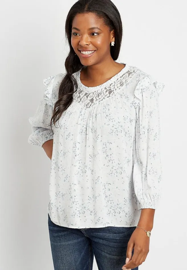 Blue Floral Lace 34 Sleeve Swing Top Women Maurices Tops