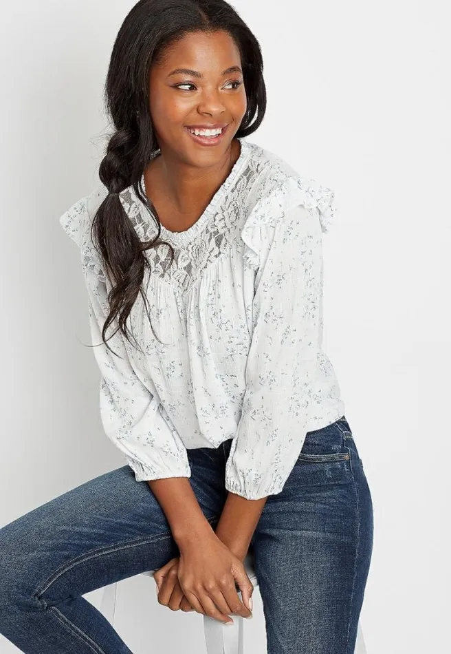 Blue Floral Lace 34 Sleeve Swing Top Women Maurices Tops