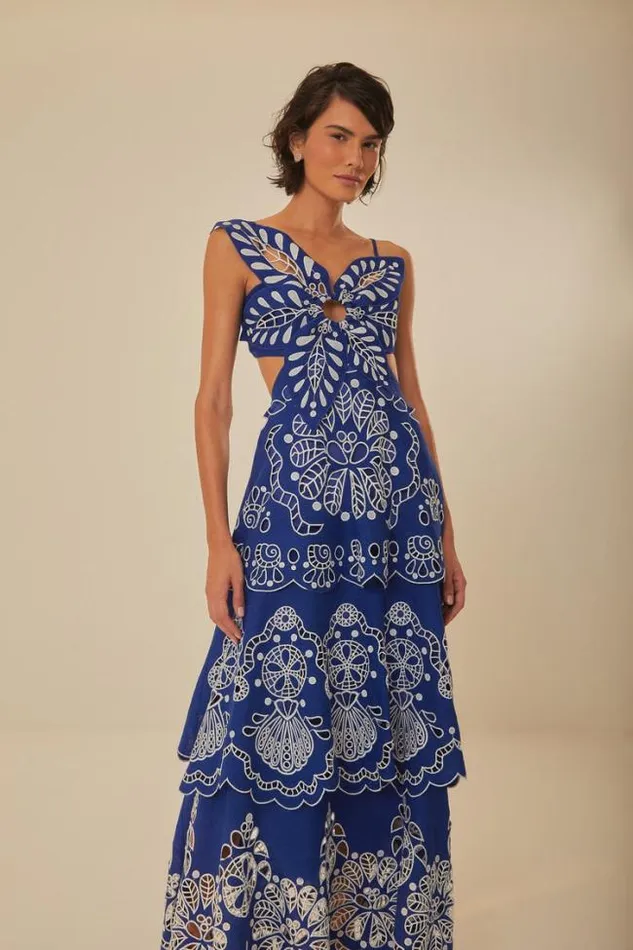 Blue Flower Richelieu Euroflax Premium Linen Midi Dress Women FARM Rio Midi Dresses