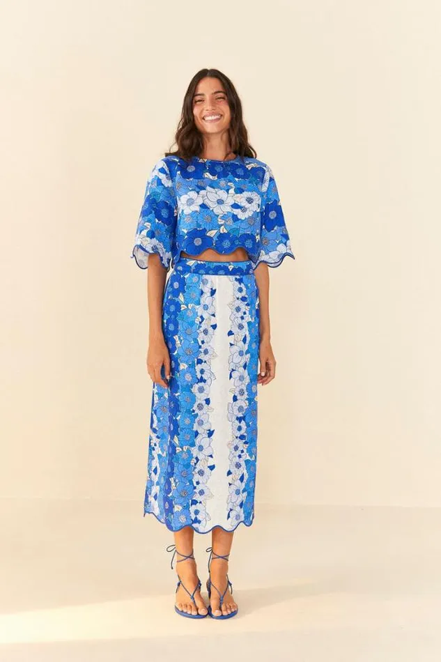 Blue Flower Stripes Midi Skirt Women FARM Rio Skirts