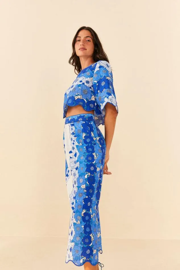 Blue Flower Stripes Midi Skirt Women FARM Rio Skirts
