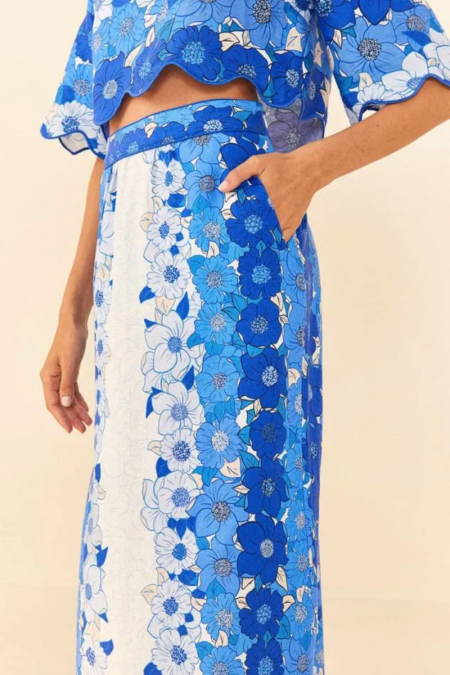 Blue Flower Stripes Midi Skirt Women FARM Rio Skirts