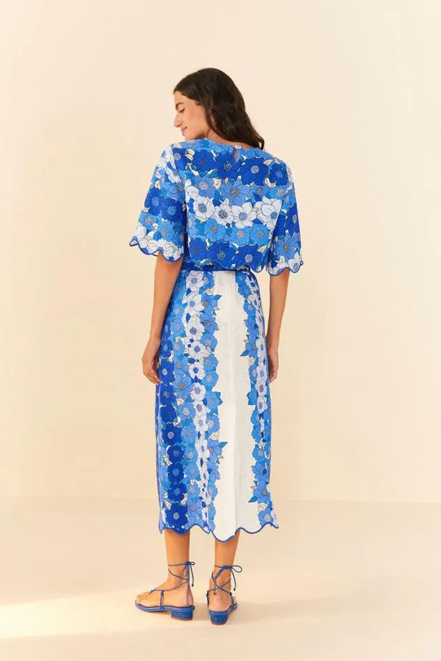 Blue Flower Stripes Midi Skirt Women FARM Rio Skirts
