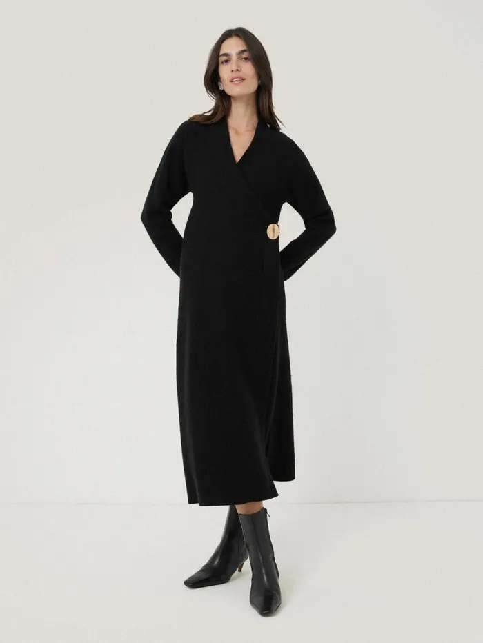 Boiled Wool Blend Disc Dress Black Women Jigsaw Dresses and Jumpsuits