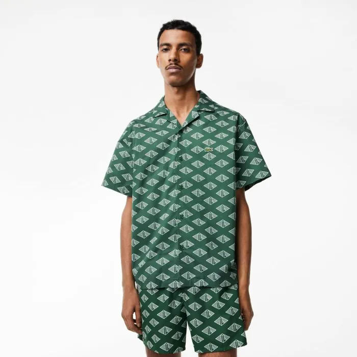Button Down Shirts Men Lacoste Mens Short Sleeve Monogram Shirt Green White Yrr
