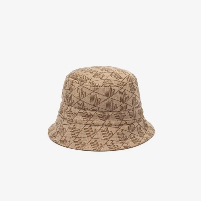Caps and Hats MenWomen Lacoste Unisex Reversible Signature Monogram Jacquard Bucket Hat Beige Brown Irp