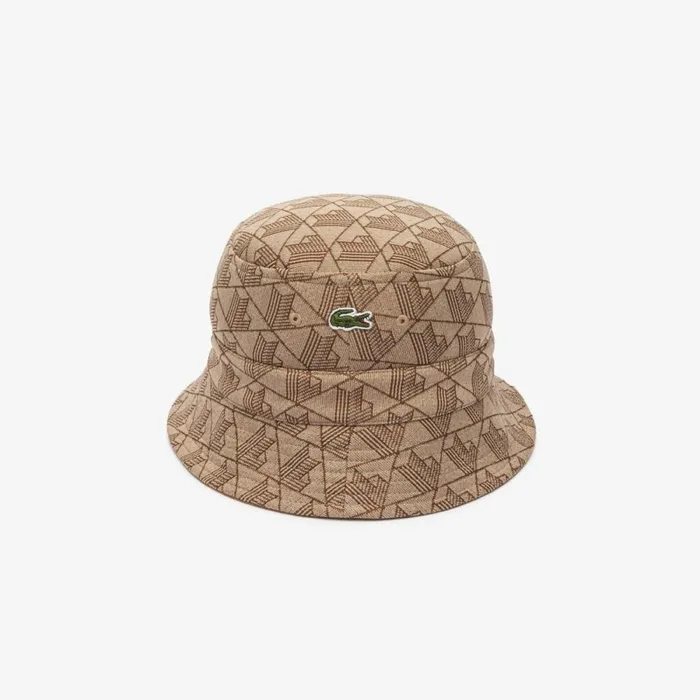 Caps and Hats MenWomen Lacoste Unisex Reversible Signature Monogram Jacquard Bucket Hat Beige Brown Irp