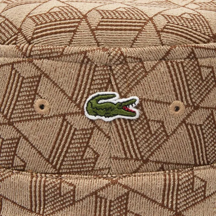 Caps and Hats MenWomen Lacoste Unisex Reversible Signature Monogram Jacquard Bucket Hat Beige Brown Irp