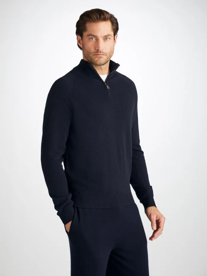 Cashmere Sweaters Men Derek Rose HalfZip Sweater Finley Cashmere Navy