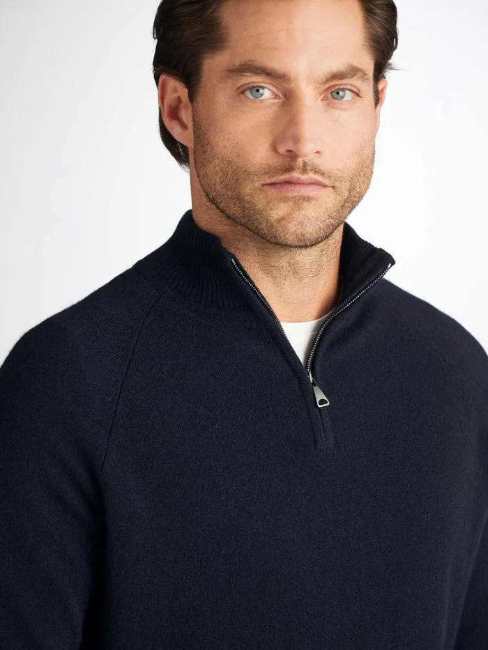 Cashmere Sweaters Men Derek Rose HalfZip Sweater Finley Cashmere Navy