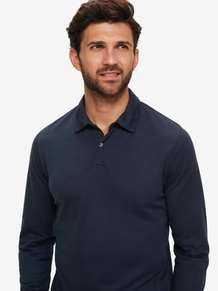 Casual Shirts Men Derek Rose Long Sleeve Polo Shirt Ramsay 2 Pique Cotton Tencel Navy