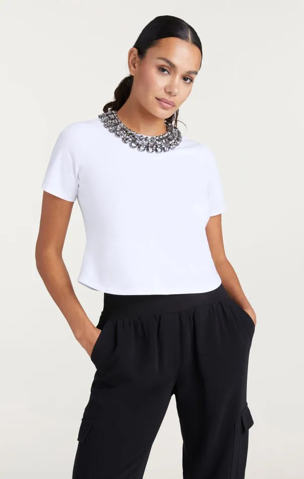 Cinq Sept Chunky Necklace Shrunken Tee White Women Tees