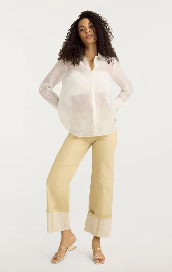 Cinq Sept Embroidered Organza Luna Top Ivory Women Long Sleeve Tops