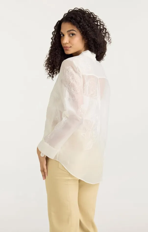 Cinq Sept Embroidered Organza Luna Top Ivory Women Long Sleeve Tops