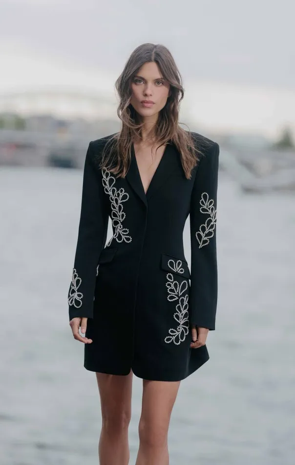 Cinq Sept Rhinestone Paisley Long Sleeve Joel Dress Black Women Mini