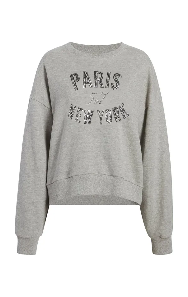 Cinq Sept Rhinestone Paris New York Brandy Pullover Heathergreyblack Women Long Sleeve Tops