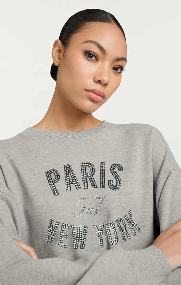 Cinq Sept Rhinestone Paris New York Brandy Pullover Heathergreyblack Women Long Sleeve Tops