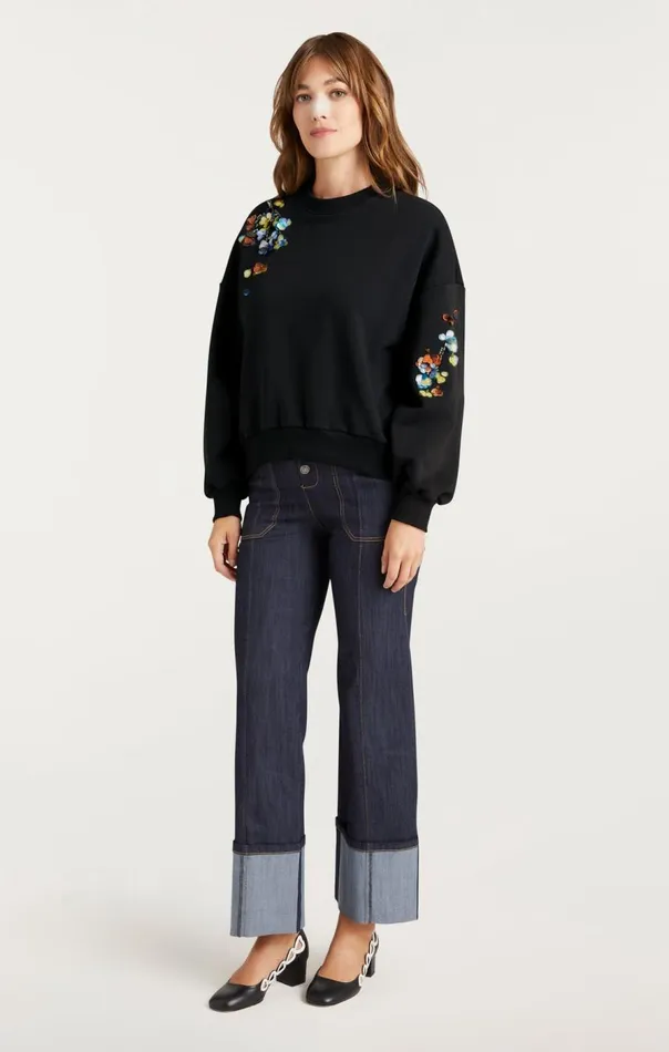 Cinq Sept Sequin Flower Embellished Brandy Pullover Blackmulti Women Sweaters and Knits