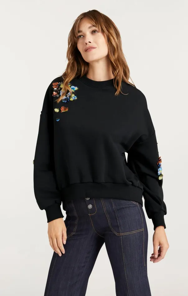 Cinq Sept Sequin Flower Embellished Brandy Pullover Blackmulti Women Sweaters and Knits