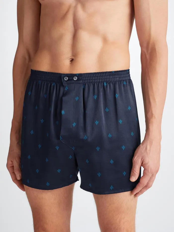 Classic Fit Boxer Shorts Men Derek Rose Classic Fit Boxers Brindisi 106 Silk Satin Navy