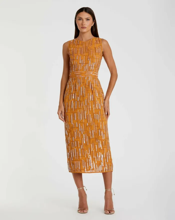 Cocktail Dresses Mac Duggal Women Abstract Beaded Sleeveless Midi Sheath Dress Saffron