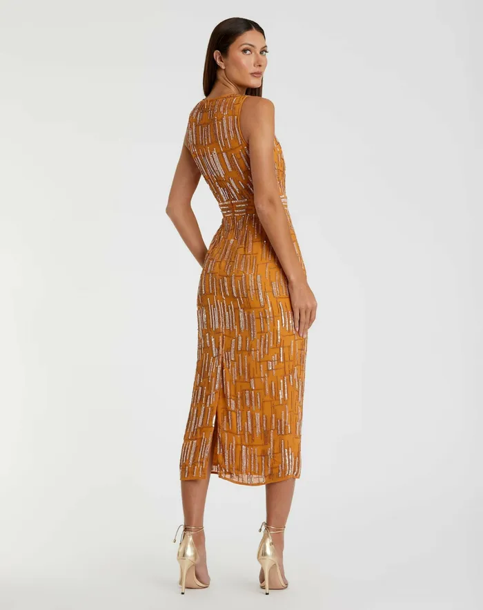 Cocktail Dresses Mac Duggal Women Abstract Beaded Sleeveless Midi Sheath Dress Saffron