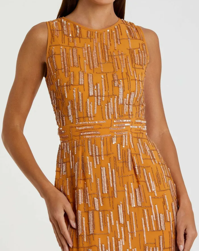 Cocktail Dresses Mac Duggal Women Abstract Beaded Sleeveless Midi Sheath Dress Saffron